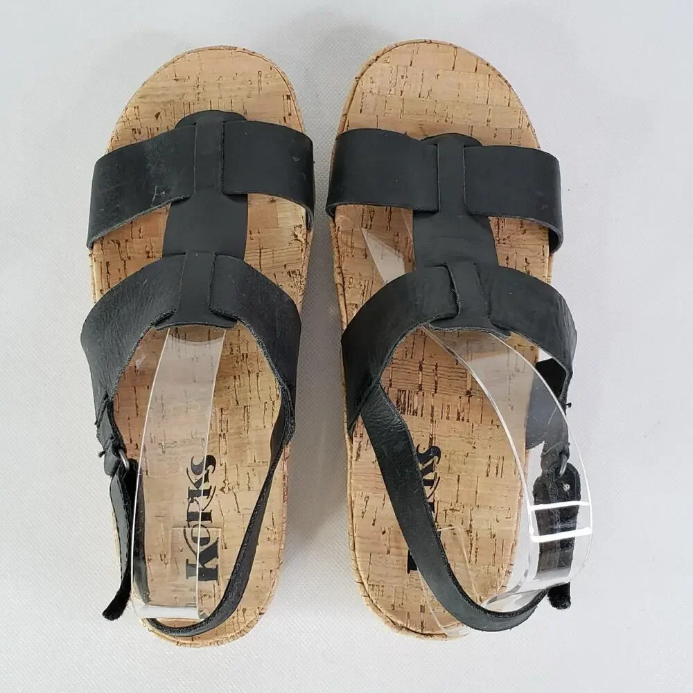 Korks Kork-Ease Yolandi Sandals Size 7 Black Leather Strappy Ankle Strap